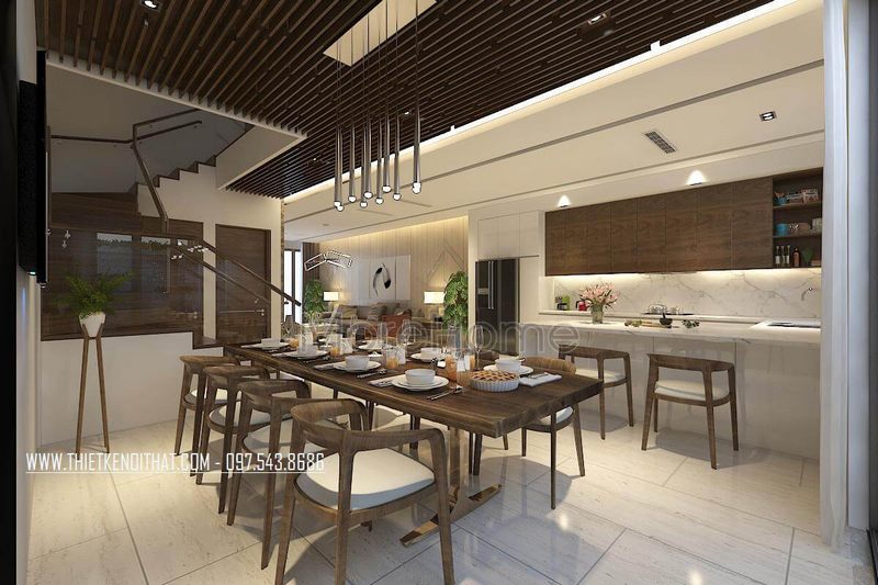 Để tạo nên không gian ấm cúng và lãng mạn, trang trí nội thất phòng ăn bằng các mẫu đèn thả trần sẽ làm nổi bật và ấn tượng.