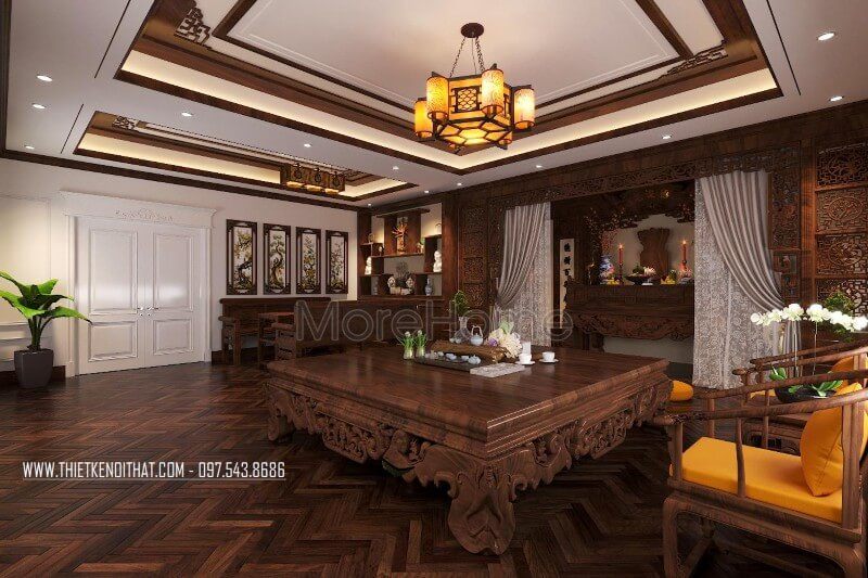 Thiết kế nội thất phòng thờ sang trọng với phong cách gỗ Việt, để tạo nên sự thuận tiện cho gia chủ trong quá trình thờ cúng gia tiên, cần bố trí thêm một chiếc sập cùng màu.